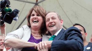 Irish Taoiseach Enda Kenny and Tanaiste Joan Burton celebrate at Dublin castle, Ireland, Saturday, May 23, 2015, on news that Ireland had voted resoundingly to legalize gay marriage in the world’s first national vote on the issue. AP Photo/Peter Morrison